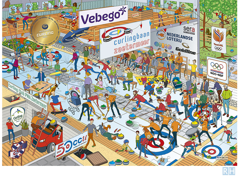 cartoon-illustratie, Nederlandse Curling Bond puzzel, 10 jarig bestaan